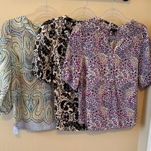 Set of three Talbots Women's Blouses in Blue, Black, and Purple Patterns. All PM